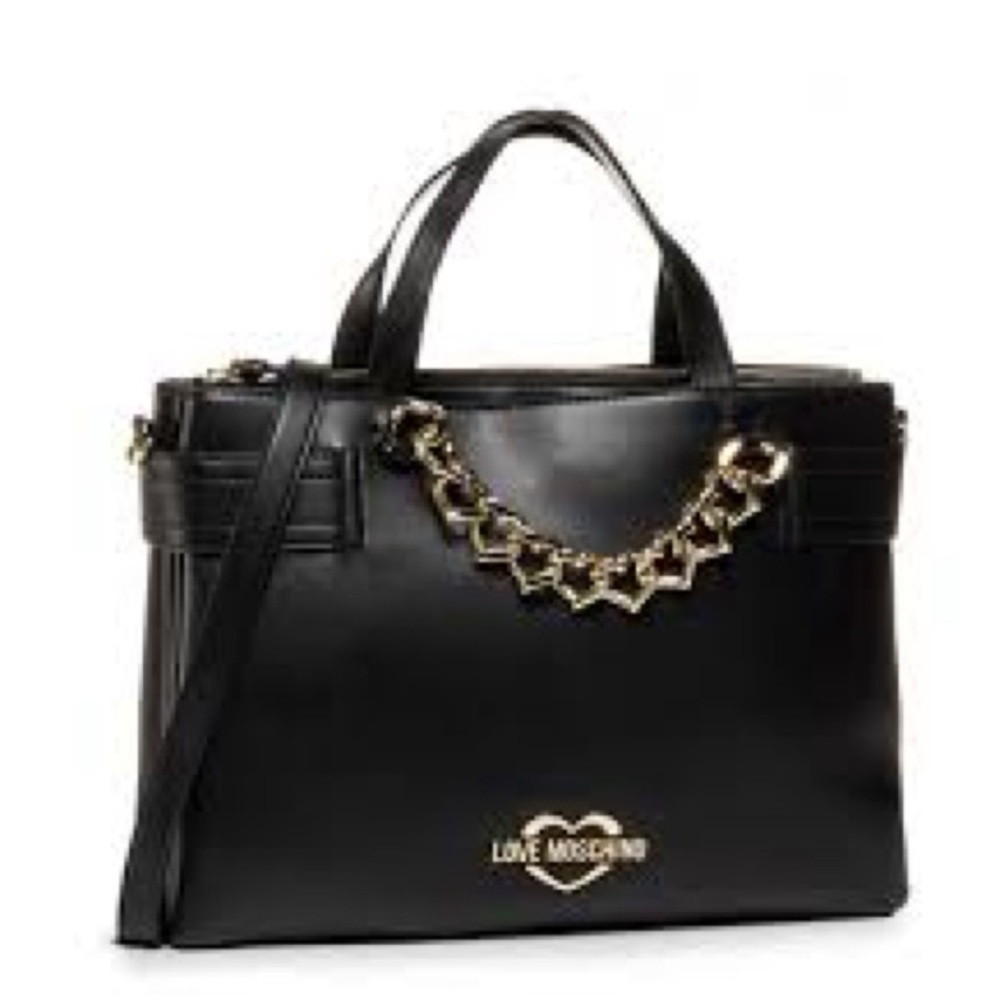 Love Moschino Black Leather Top-Handle Tote with Gold Chain